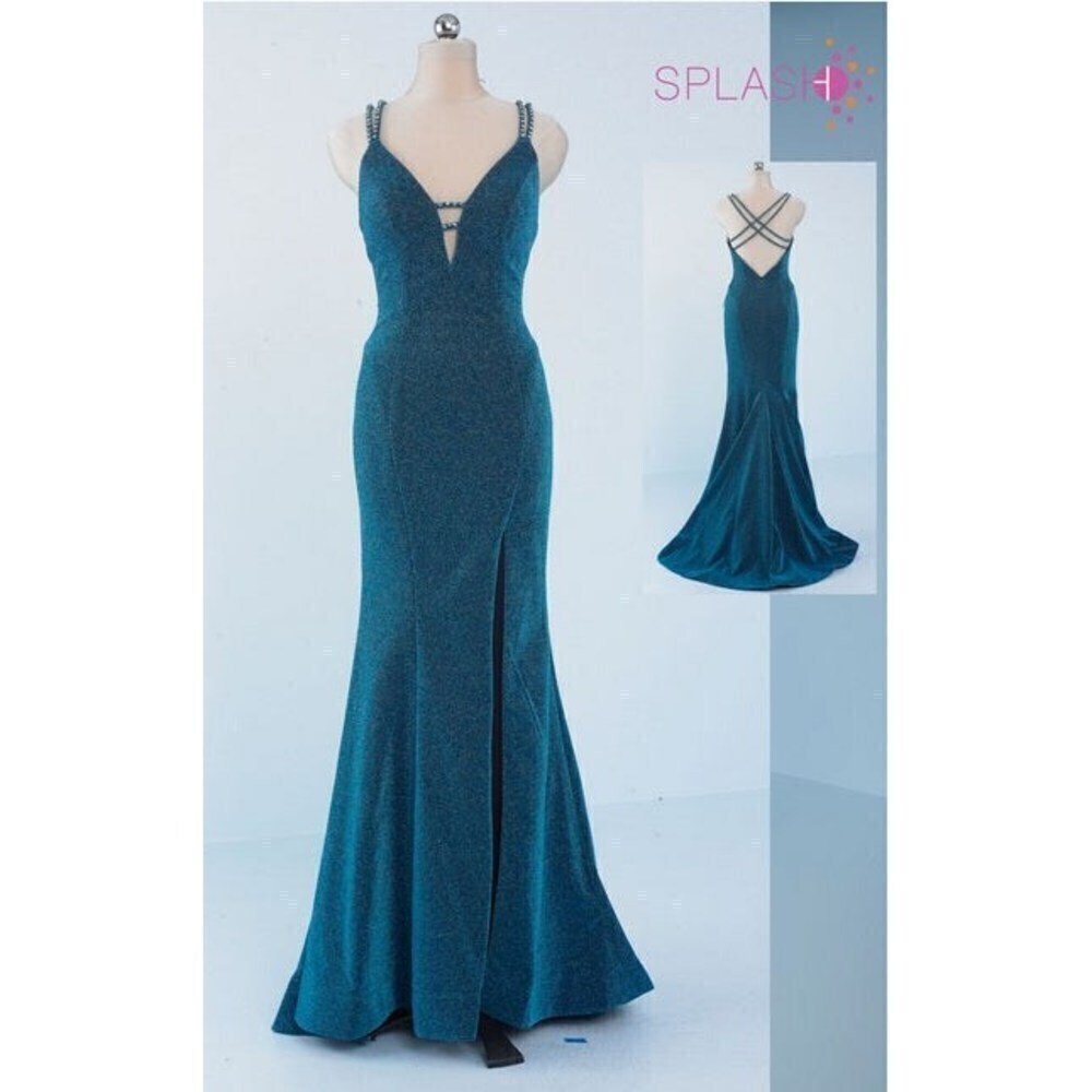 Splash Prom Glitter Jersey Fit & Flare Dress X015 Turquiose